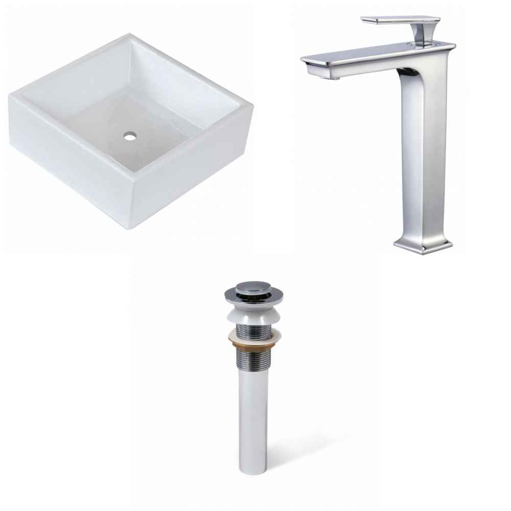 14.75-in. x 14.75-in. Square Bathroom Vessel Sink Set White Enamel Glaze