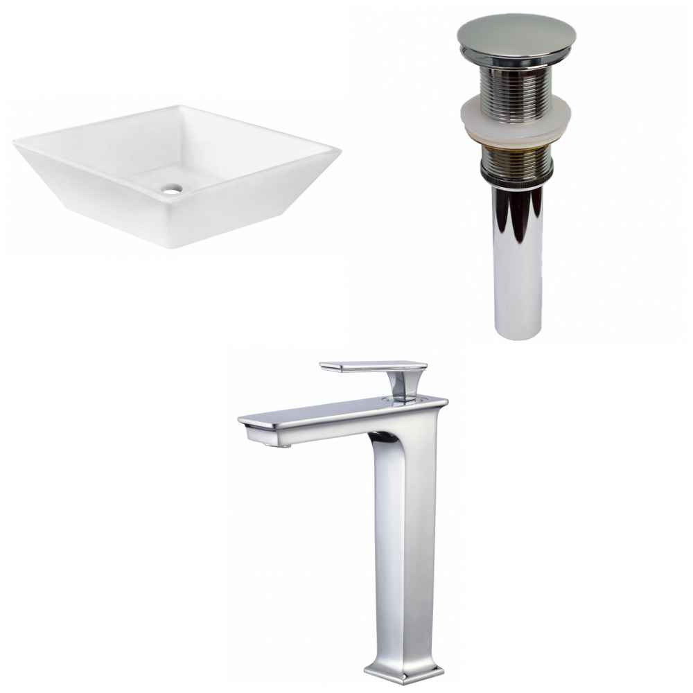 15.75-in. x 15.75-in. Square Bathroom Vessel Sink Set White Enamel Glaze