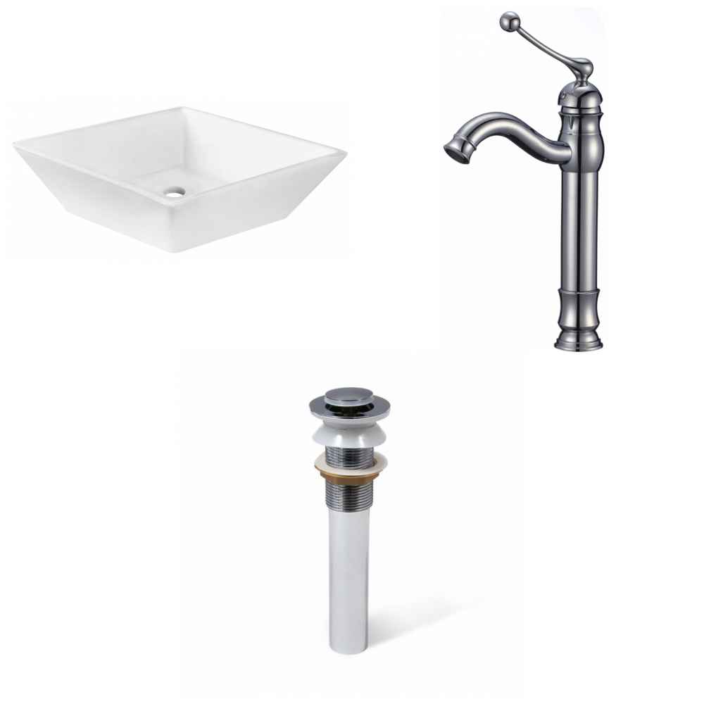 15.75-in. x 15.75-in. Square Bathroom Vessel Sink Set White Enamel Glaze