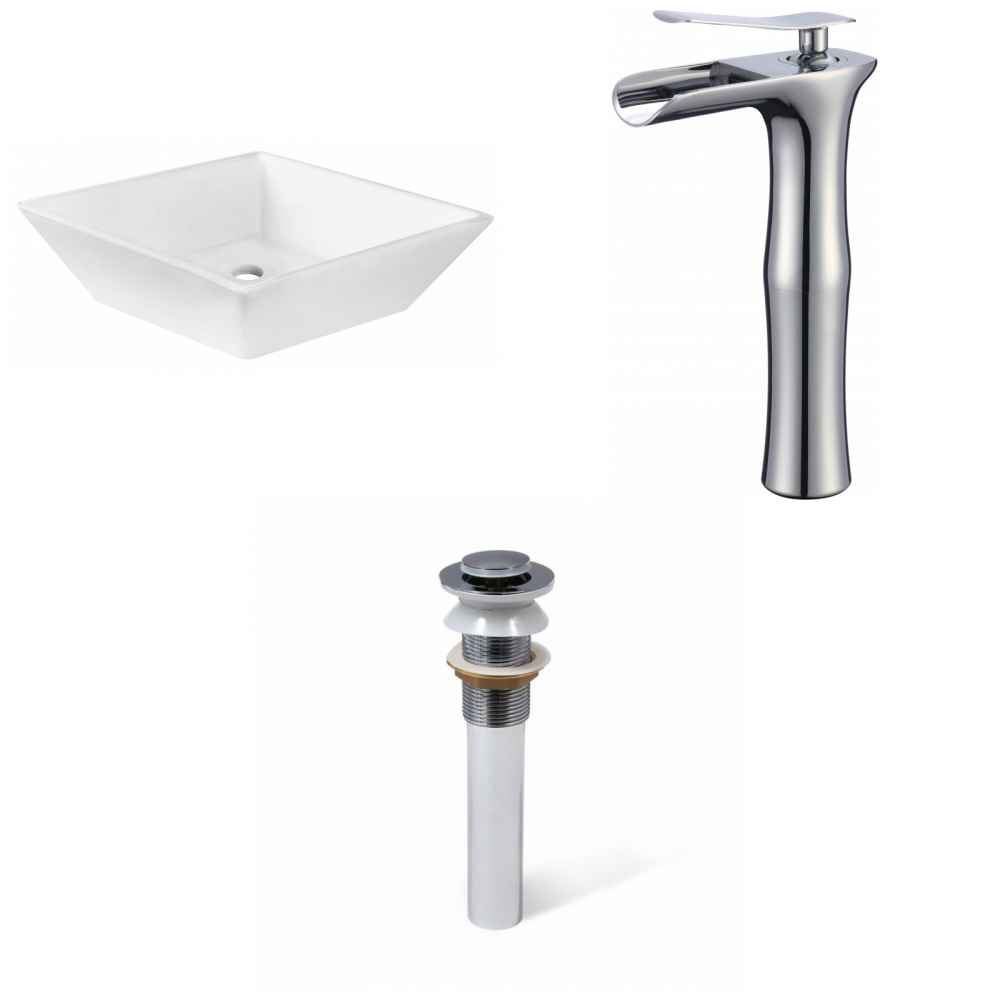 15.75-in. x 15.75-in. Square Bathroom Vessel Sink Set White Enamel Glaze