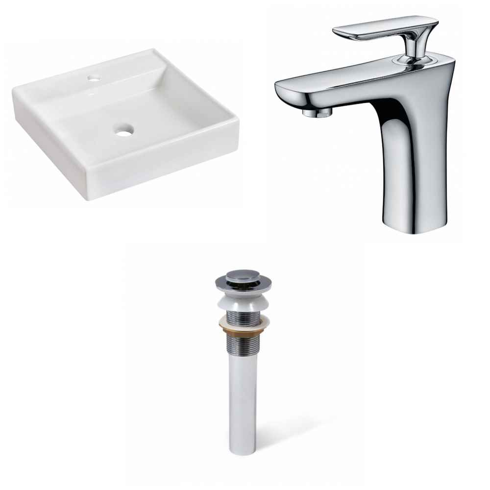 17.5-in. x 17.5-in. Square Bathroom Vessel Sink Set White Enamel Glaze