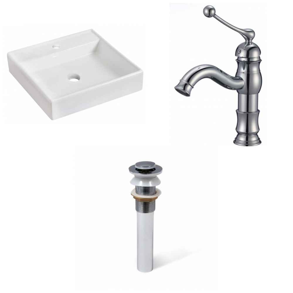 17.5-in. x 17.5-in. Square Bathroom Vessel Sink Set White Enamel Glaze