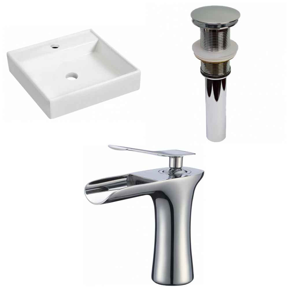 17.5-in. x 17.5-in. Square Bathroom Vessel Sink Set White Enamel Glaze