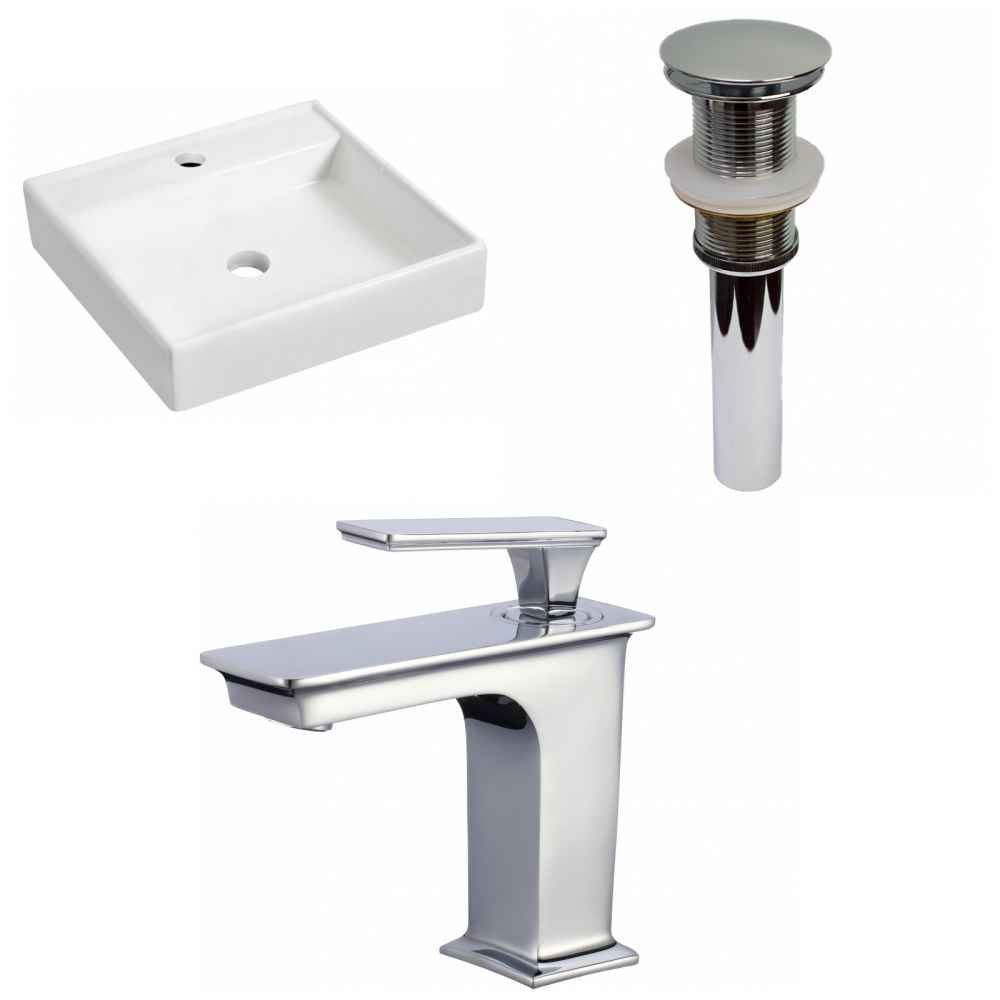 17.5-in. x 17.5-in. Square Bathroom Vessel Sink Set White Enamel Glaze
