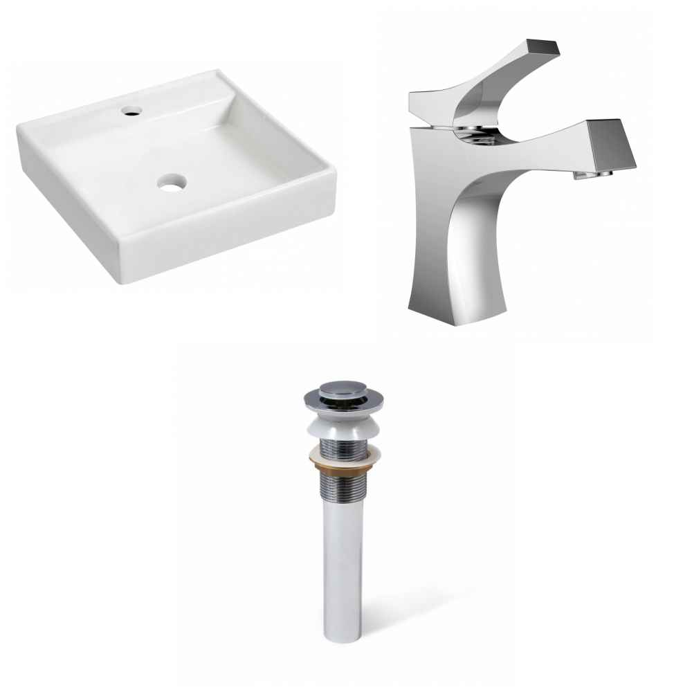 17.5-in. x 17.5-in. Square Bathroom Vessel Sink Set White Enamel Glaze
