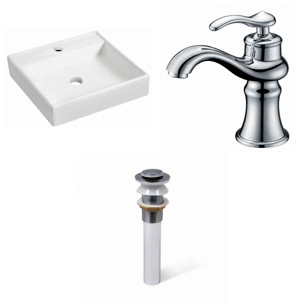 17.5-in. x 17.5-in. Square Bathroom Vessel Sink Set White Enamel Glaze