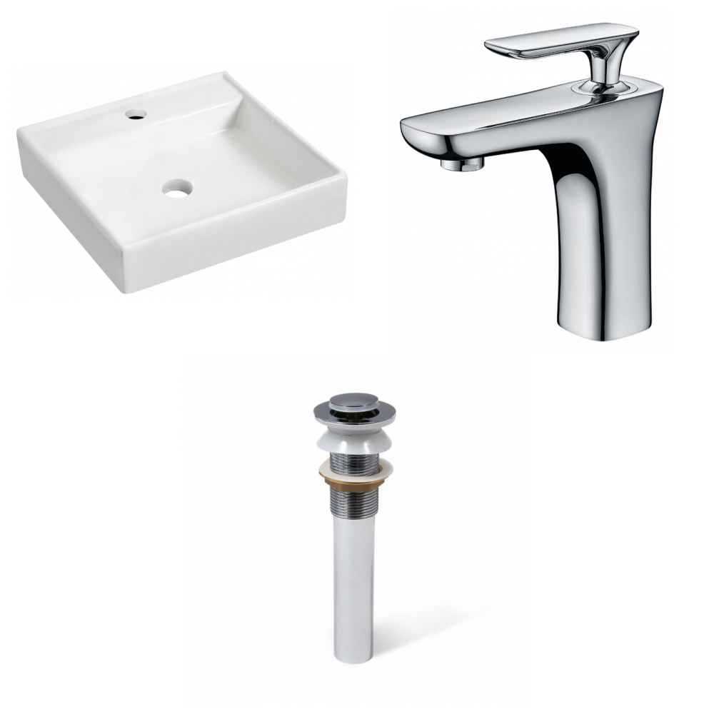 17.5-in. x 17.5-in. Square Bathroom Vessel Sink Set White Enamel Glaze
