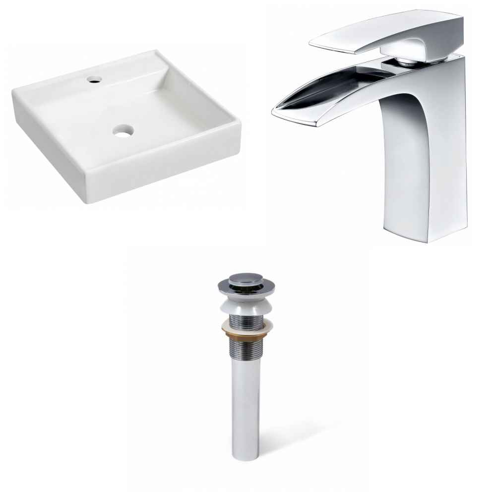 17.5-in. x 17.5-in. Square Bathroom Vessel Sink Set White Enamel Glaze
