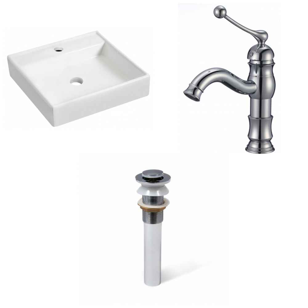 17.5-in. x 17.5-in. Square Bathroom Vessel Sink Set White Enamel Glaze