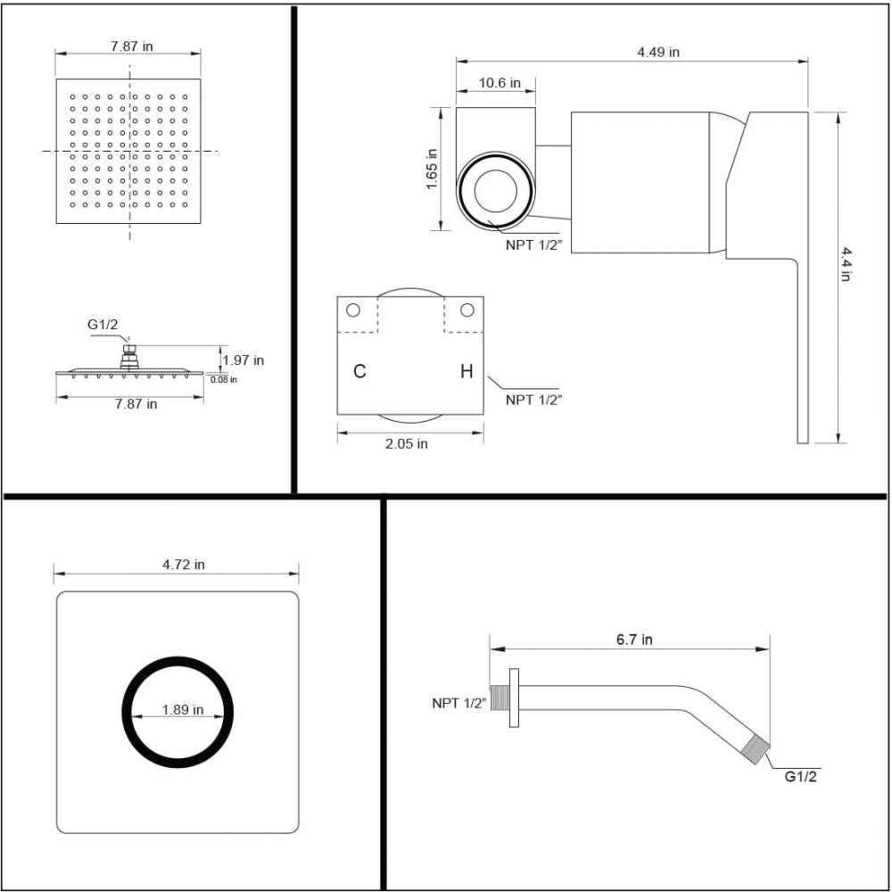 7.68-in. x 5.51-in. Shower Kit Black Stainless Steel