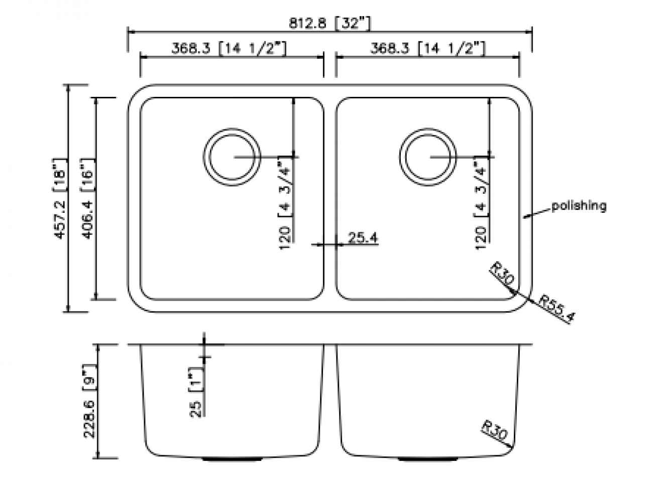 32-in. W CSA Approved Stainless Steel Kitchen Sink With 2 Bowl And 18 Gauge