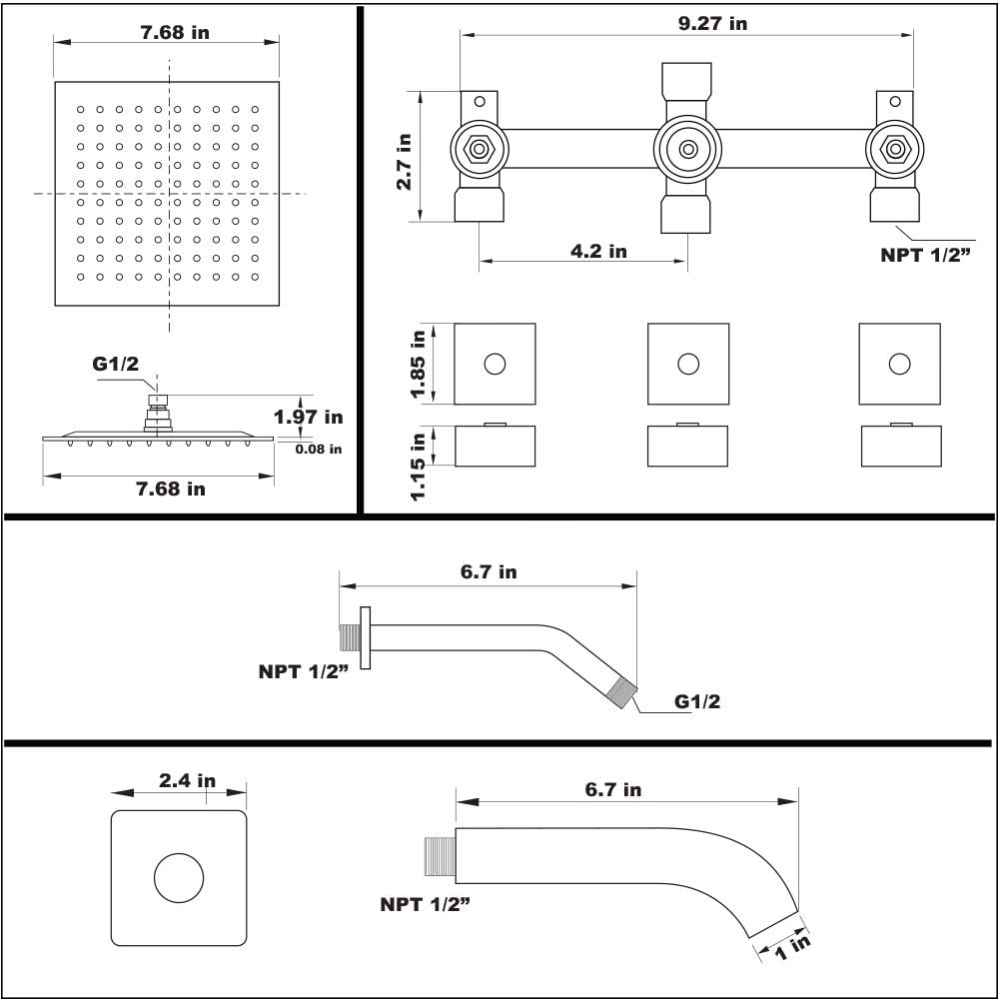 12.20-in. x 6.61-in. Shower Kit Brushed Nickel Brass