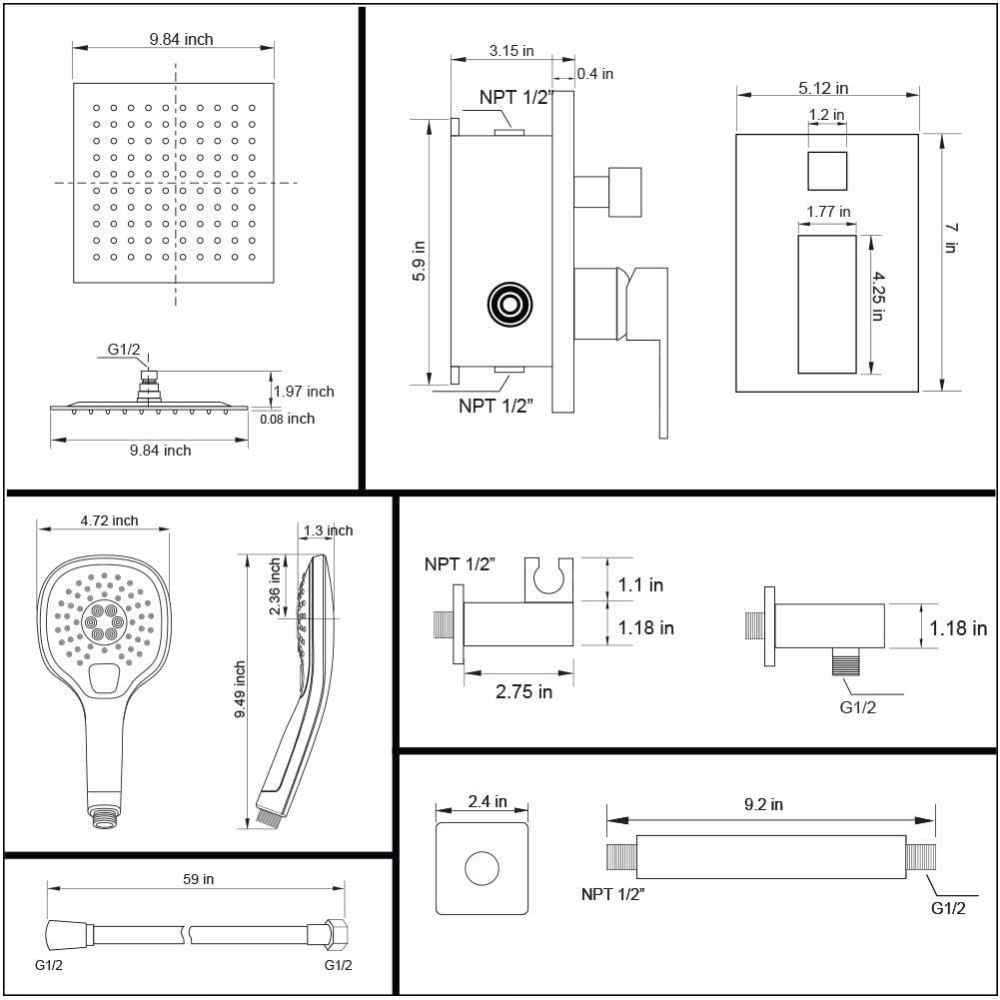 14.29-in. x 9.90-in. Shower Kit Black Stainless Steel-Brass CUPC