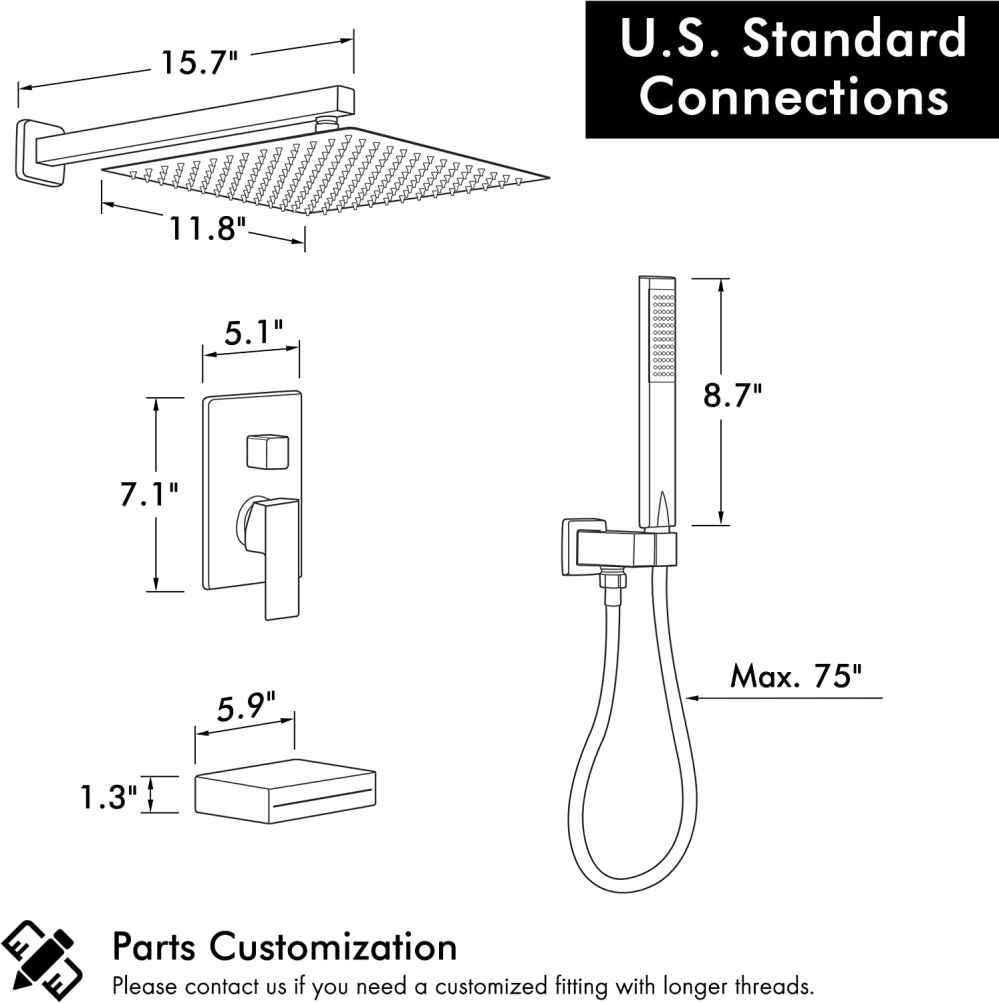 13.40-in. x 6.7-in. Shower Kit Matte Black Stainless Steel CUPC