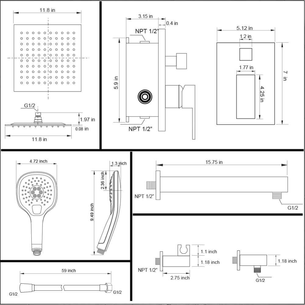 14.5-in. x 9.90-in. Shower Kit Black Stainless Steel-Brass CUPC