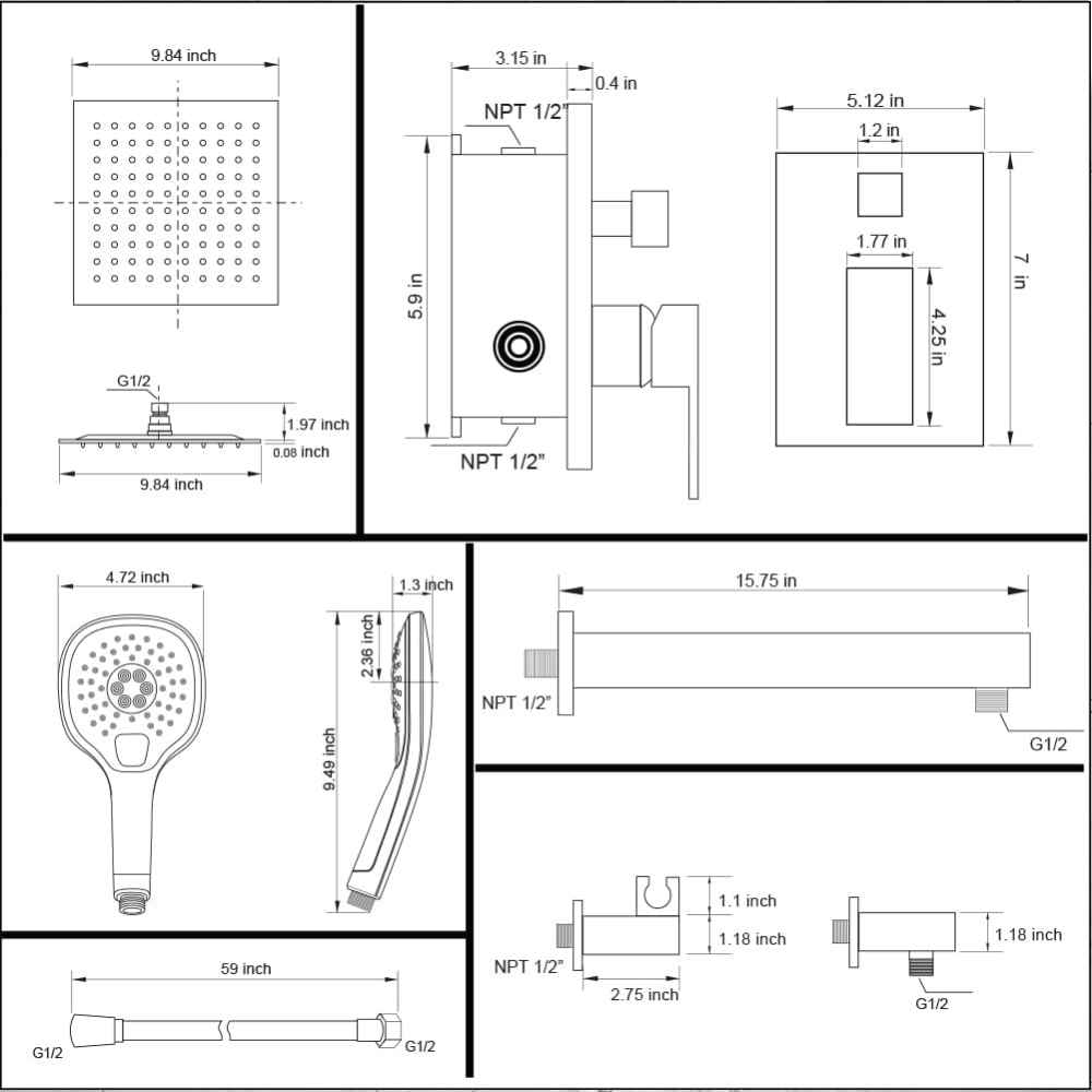 14.40-in. x 10-in. Shower Kit Black Stainless Steel-Brass CUPC