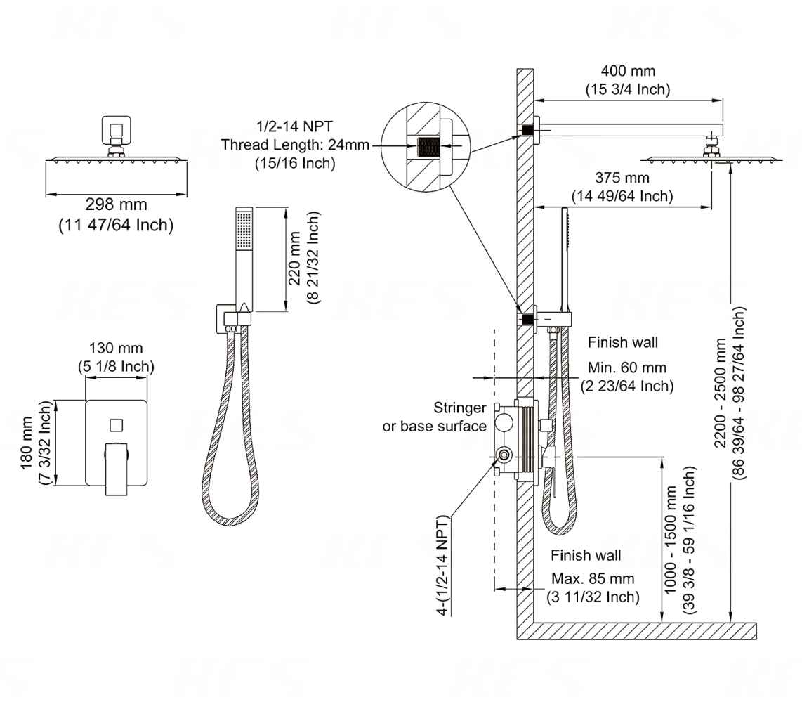13.5-in. x 6.8-in. Shower Kit Brushed Nickel Stainless Steel CUPC