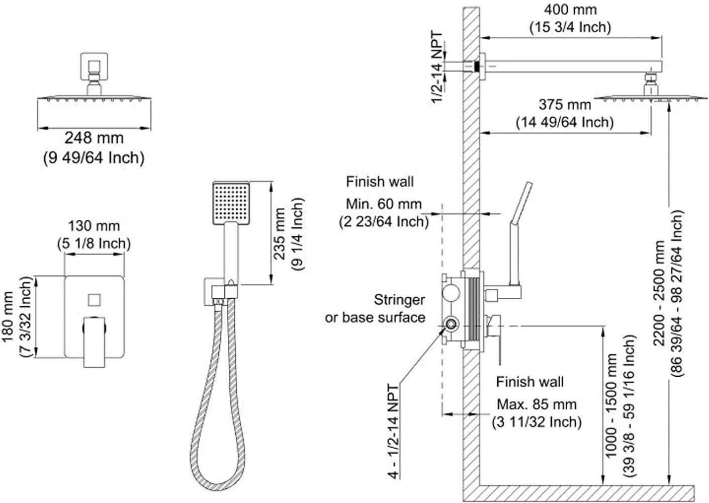 13.5-in. x 6.70-in. Shower Kit Matte Black Stainless Steel CUPC