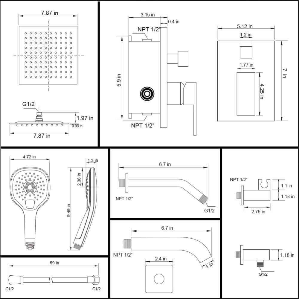 12.04-in. x 6.77-in. Shower Kit Black Stainless Steel