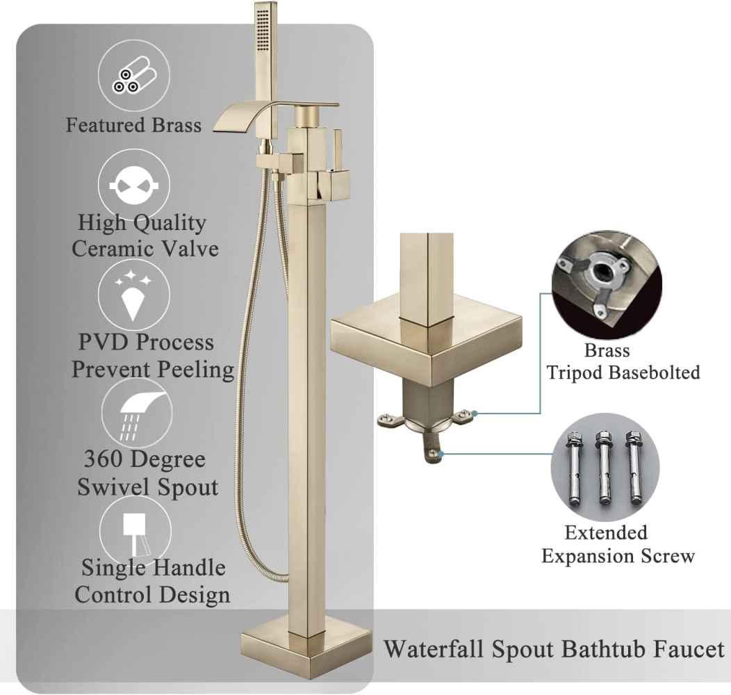 1 Hole Brushed Bathtub Shower Faucet Brushed Gold Stainless Steel