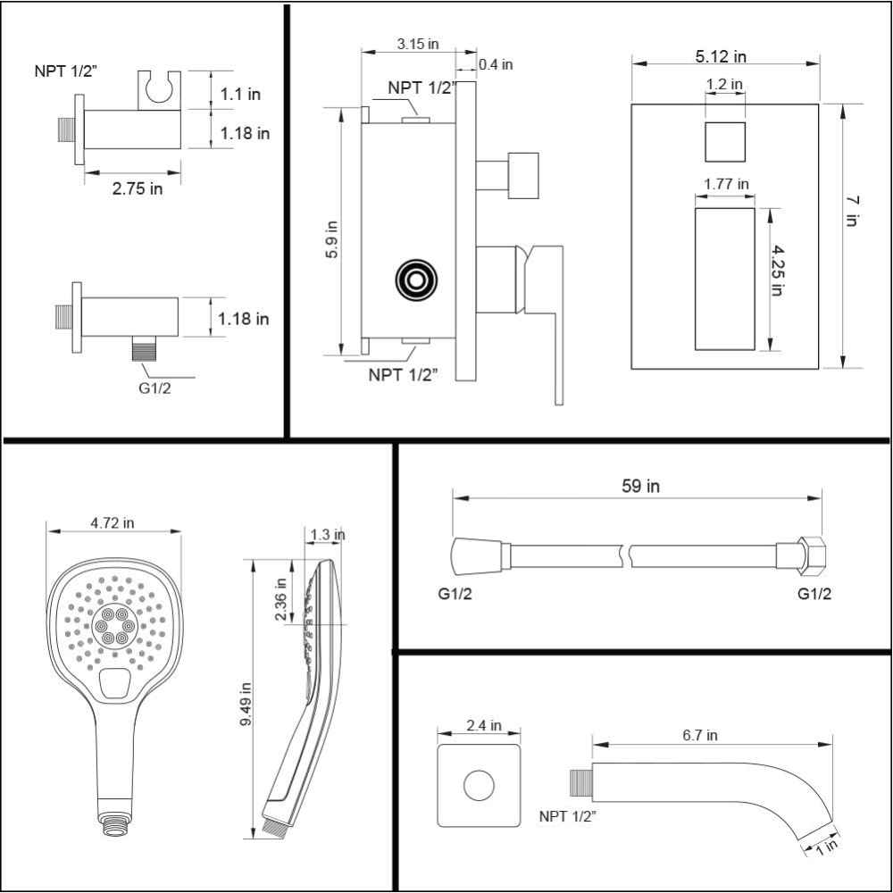 12.16-in. x 6.57-in. Shower Kit Black Stainless Steel-Brass