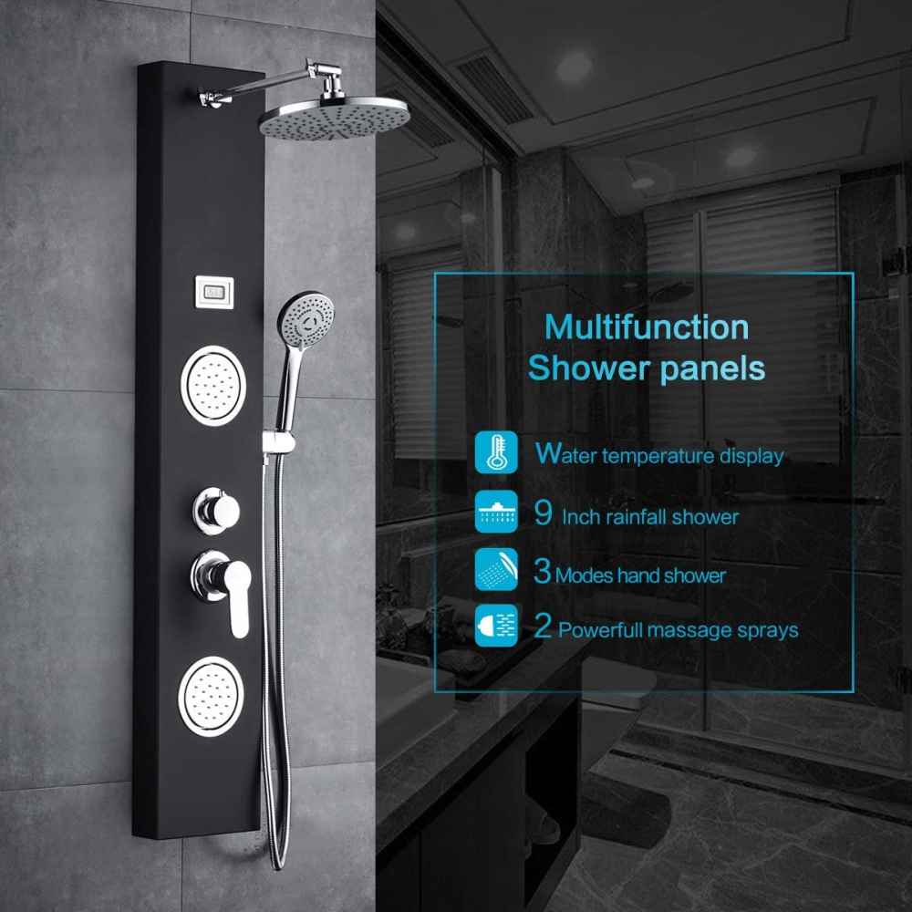 7.9-in. x 46.9-in. Shower Panel Black-Chrome Stainless Steel-Brass