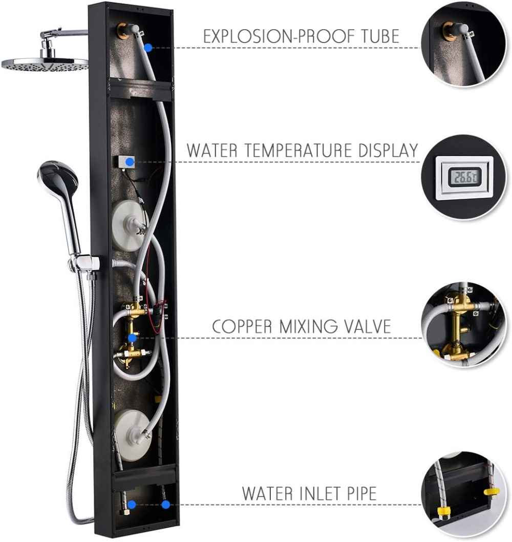 7.9-in. x 46.9-in. Shower Panel Black-Chrome Stainless Steel-Brass