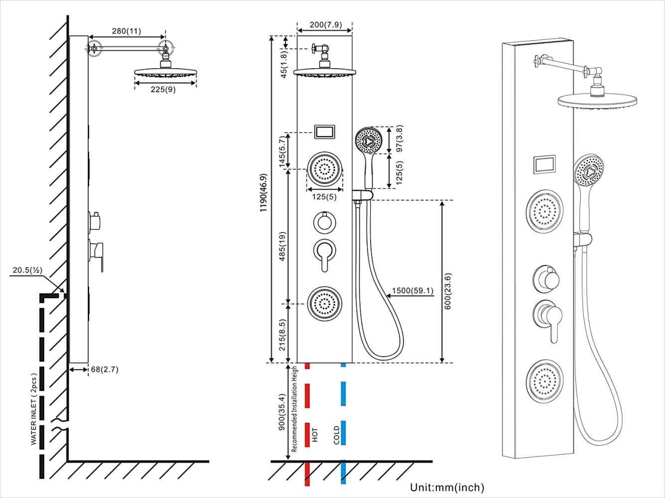 7.9-in. x 46.9-in. Shower Panel Black-Chrome Stainless Steel-Brass