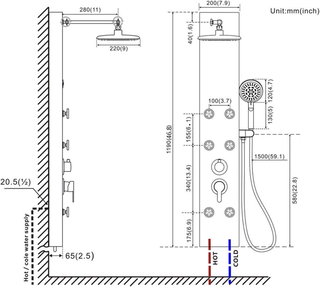 10.09-in. x 52-in. Shower Panel Silver Stainless Steel-Brass