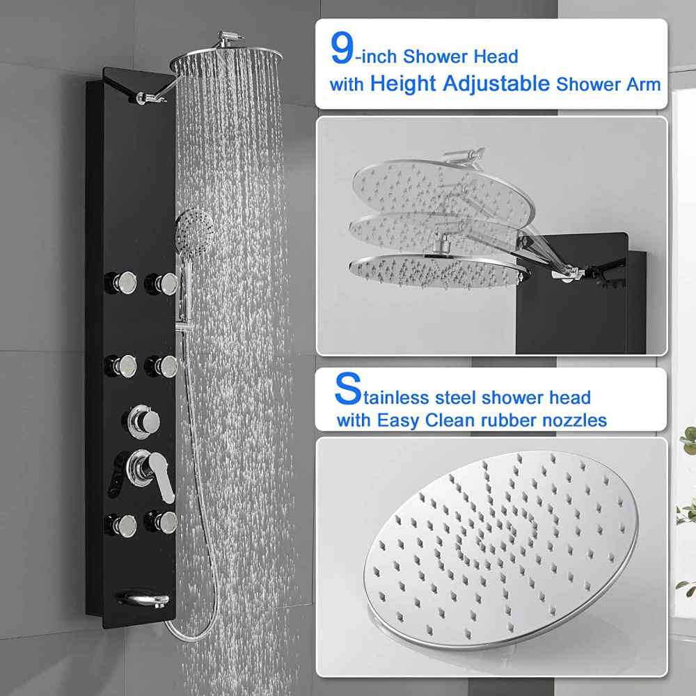 8.6-in. x 47.2-in. Shower Panel Black-Chrome Stainless Steel-Brass