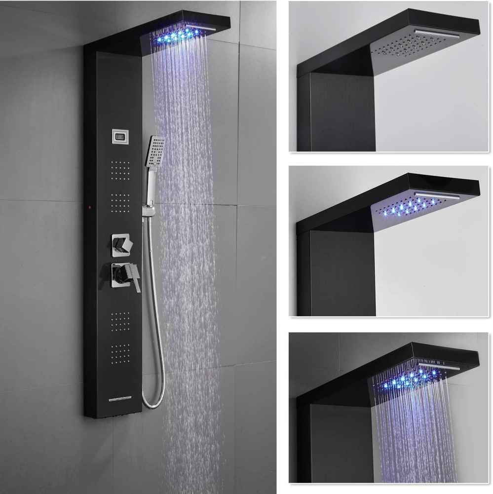 10.31-in. x 53.14-in. Shower Panel Black-Chrome Stainless Steel-Brass