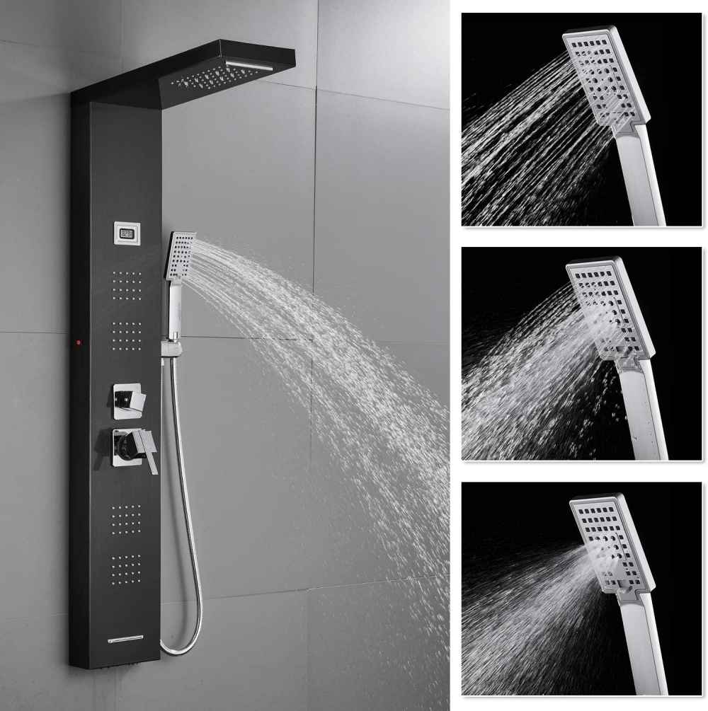 10.31-in. x 53.14-in. Shower Panel Black-Chrome Stainless Steel-Brass