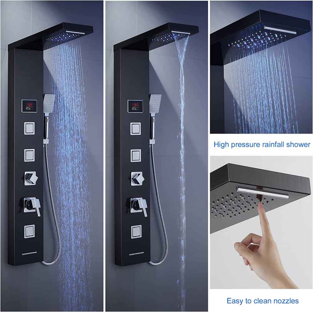 7.8-in. x 51.2-in. Shower Panel Black-Chrome Stainless Steel-Brass