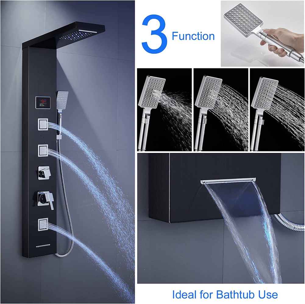 7.8-in. x 51.2-in. Shower Panel Black-Chrome Stainless Steel-Brass