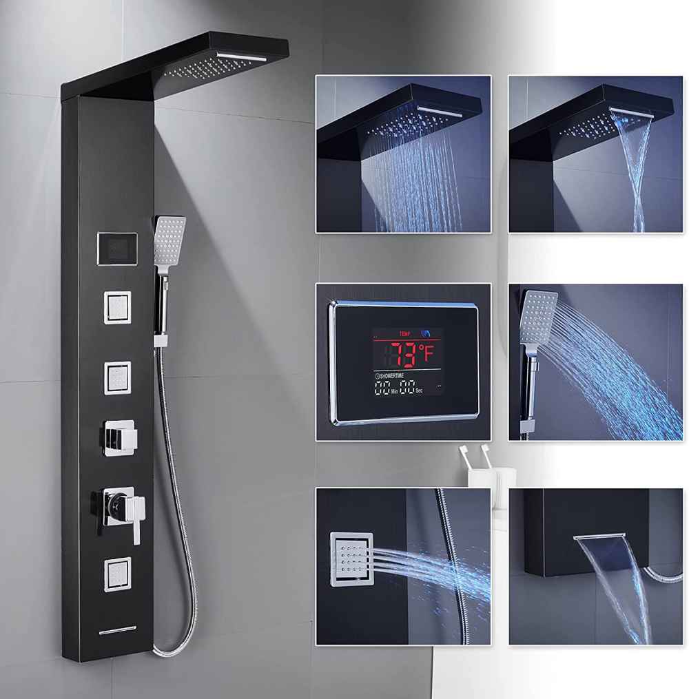 7.8-in. x 51.2-in. Shower Panel Black-Chrome Stainless Steel-Brass
