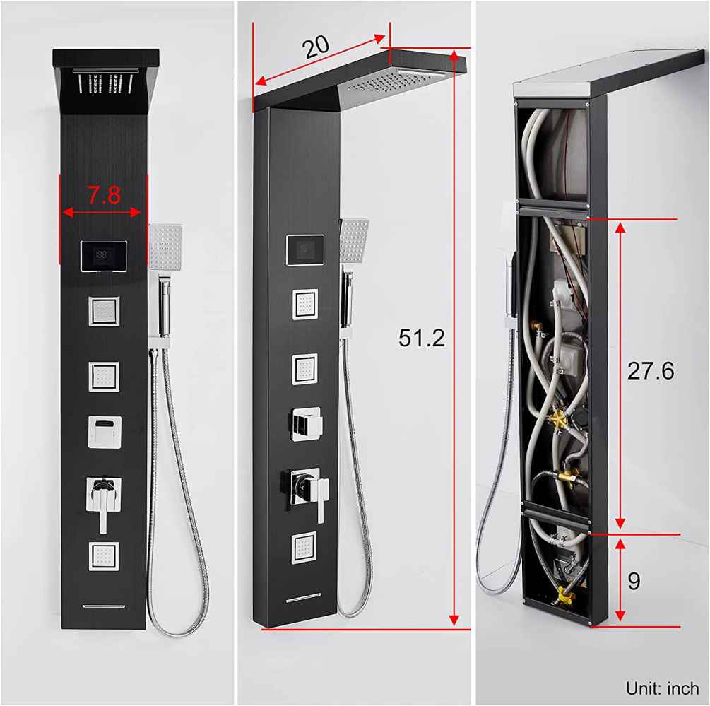 7.8-in. x 51.2-in. Shower Panel Black-Chrome Stainless Steel-Brass