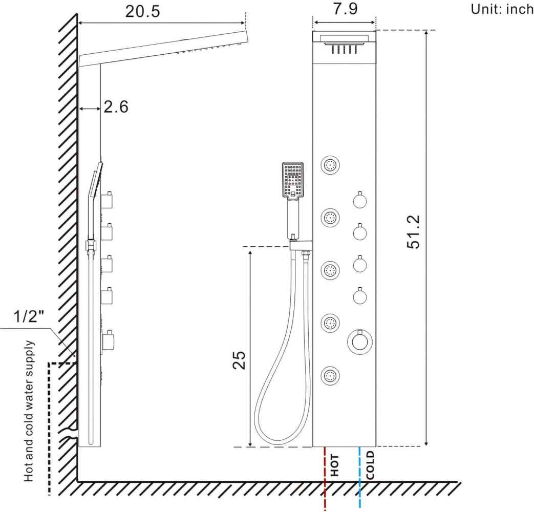 10.35-in. x 52.87-in. Shower Panel Silver Stainless Steel-Brass