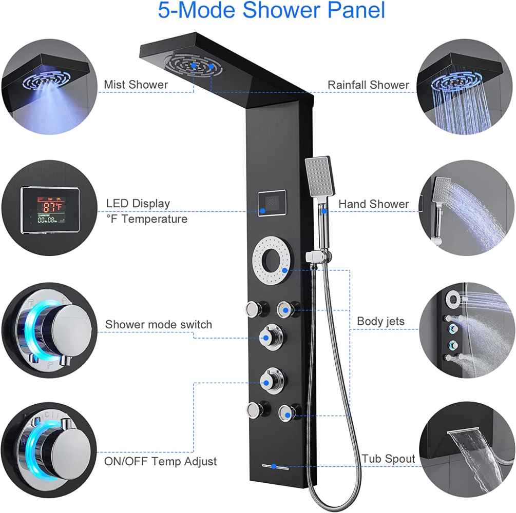 7.8-in. x 4.08-in. Shower Panel Black-Chrome Stainless Steel-Brass
