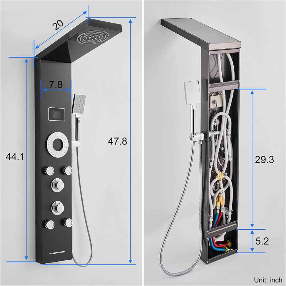 7.8-in. x 4.08-in. Shower Panel Black-Chrome Stainless Steel-Brass