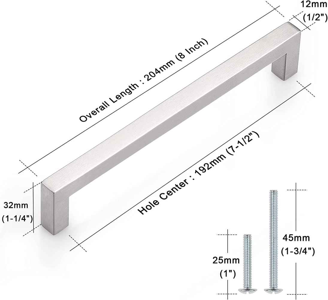 8-in. x 1.25-in. Stainless Steel Cabinet Handle In Brushed Nickel