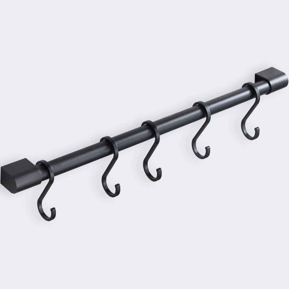 3.14-in. x 1.25-in. Aluminum Wall Mount Kitchen rail with Hooks In Black