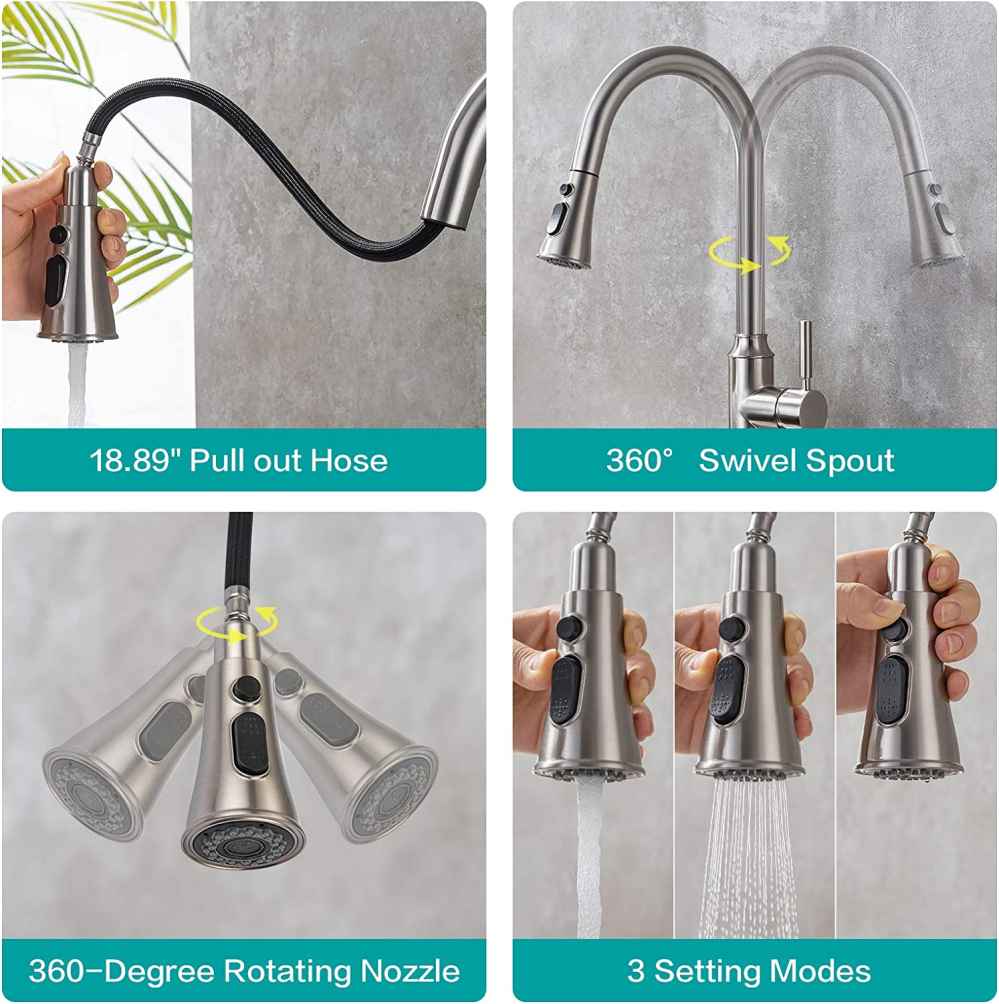 1 Hole Brushed Kitchen Sink Faucet Brushed Nickel Stainless Steel