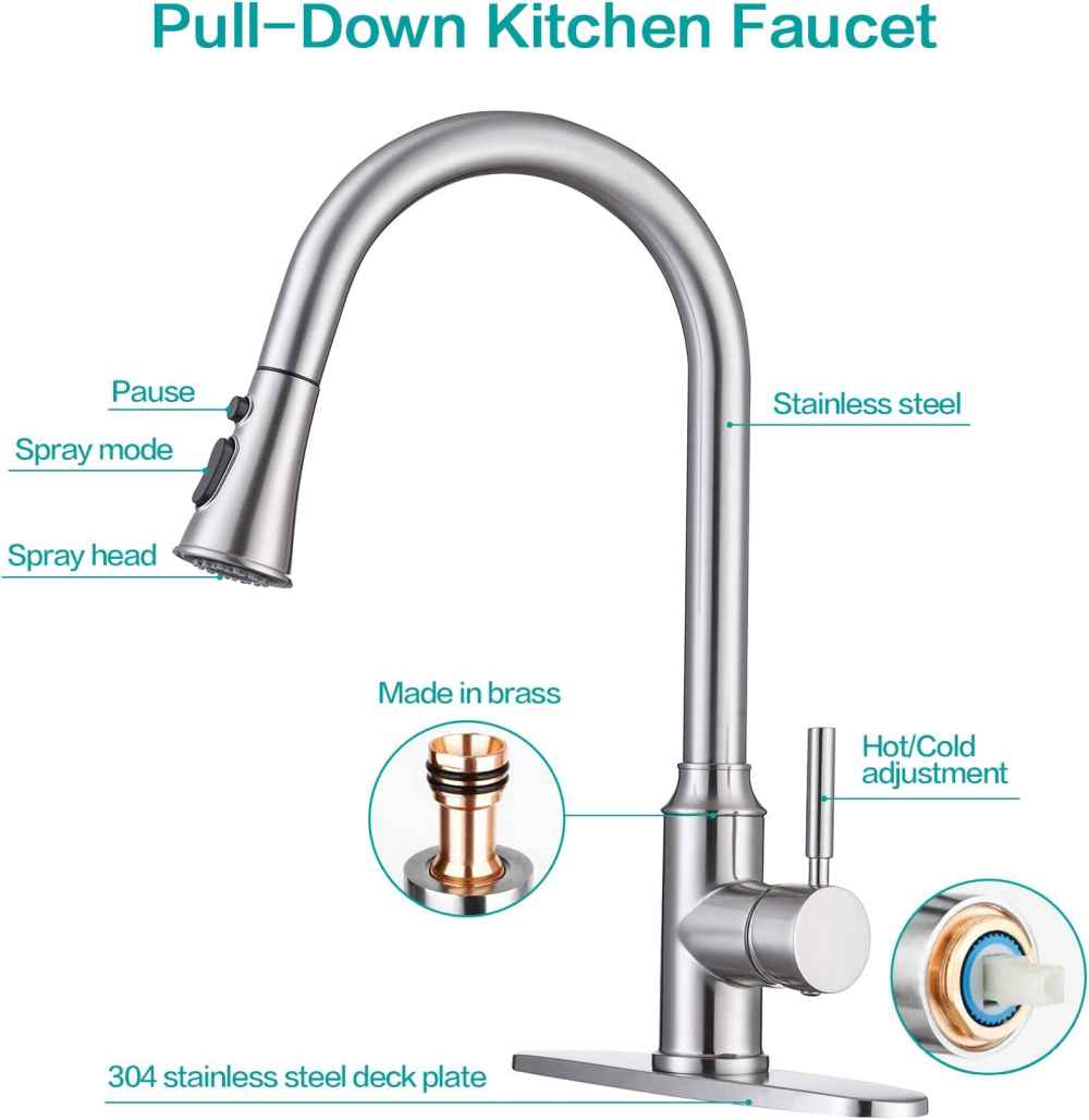 1 Hole Brushed Kitchen Sink Faucet Brushed Nickel Stainless Steel